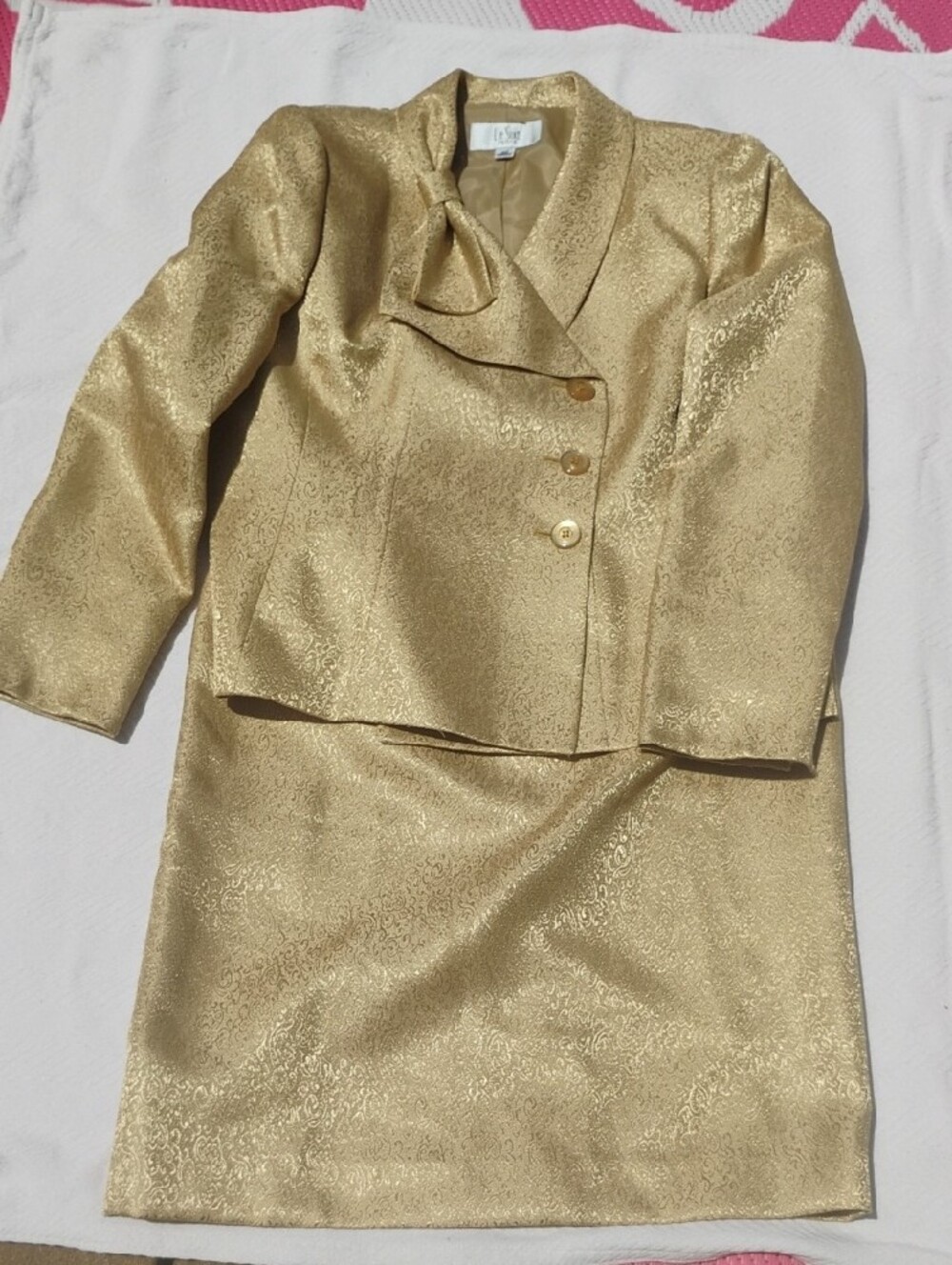 Le Suit Petite Metallic Gold Bow-Neck Jacket & Skirt Set
